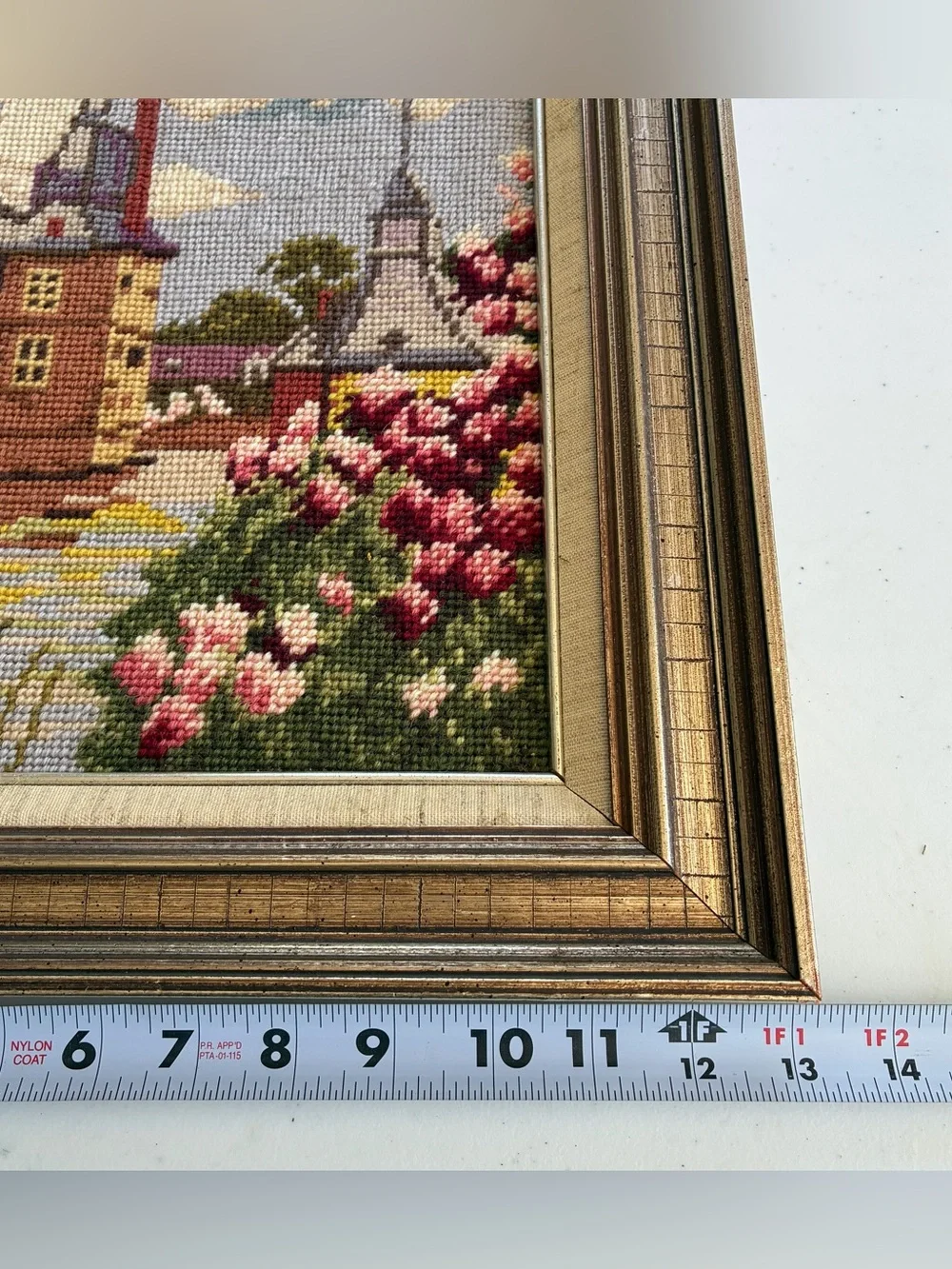Vtg Handcrafted Needlepoint Tapestry Scenic Snow Village Renaissance Gold Frame
